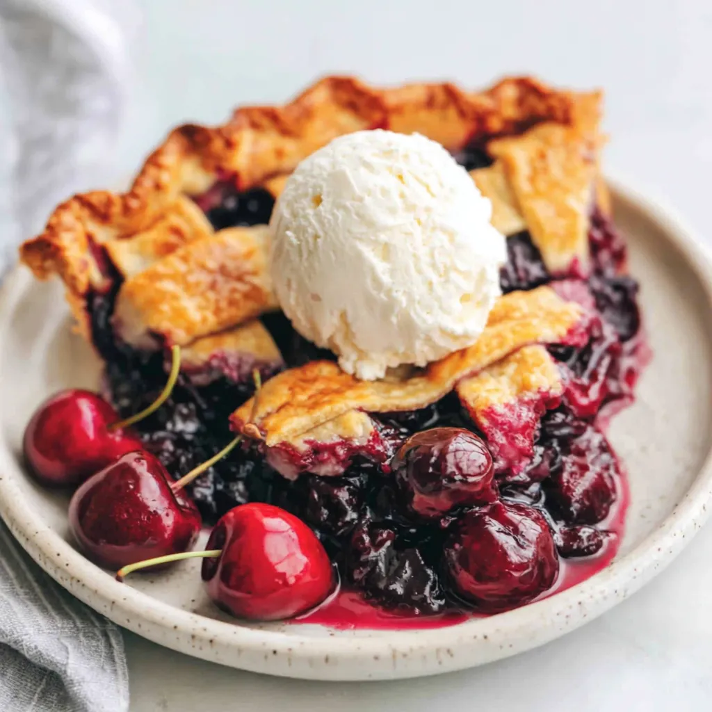 Ein Stück Kirschtorte mit einer Kugel Eis obendrauf.