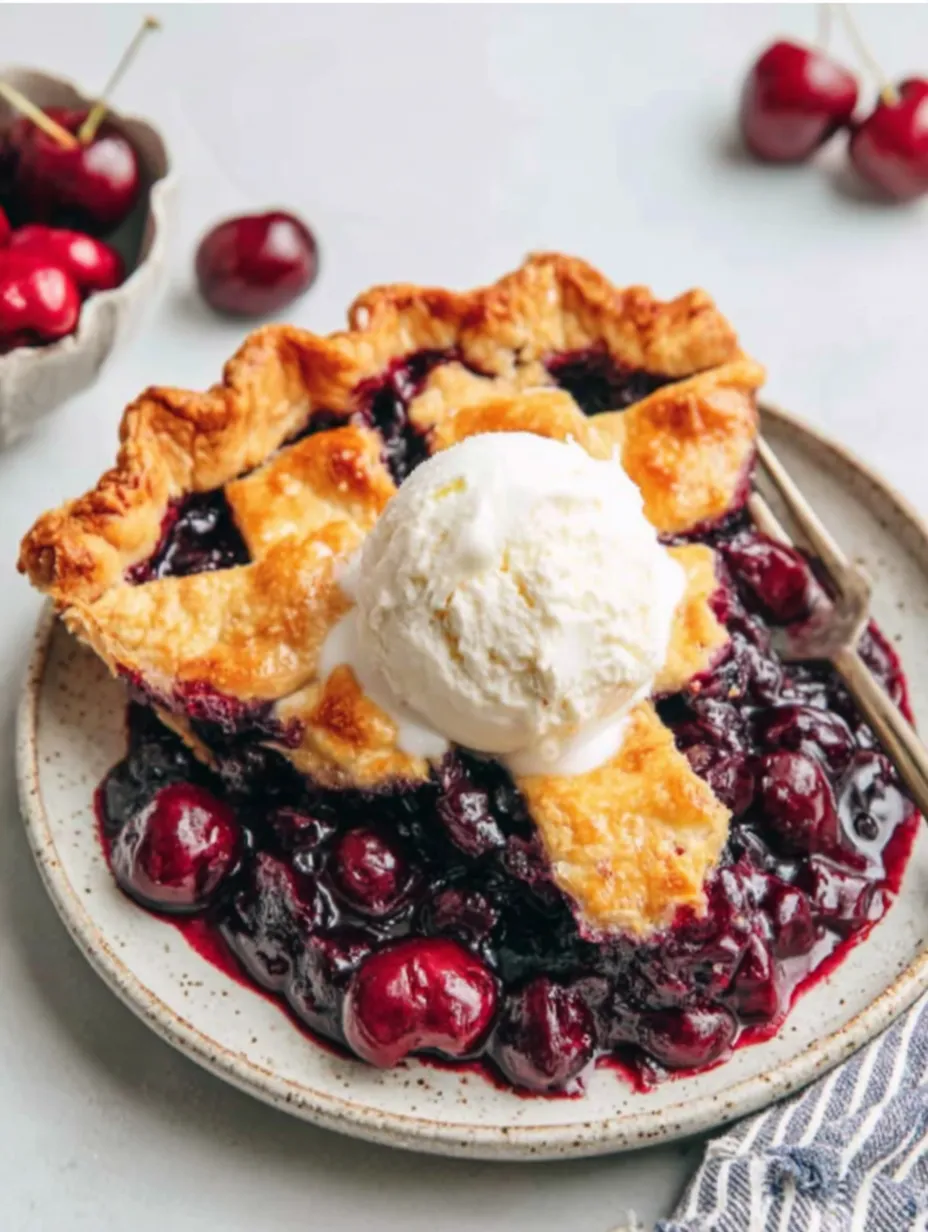 Ein Stück Kirschkuchen mit einer Kugel Eis obendrauf.