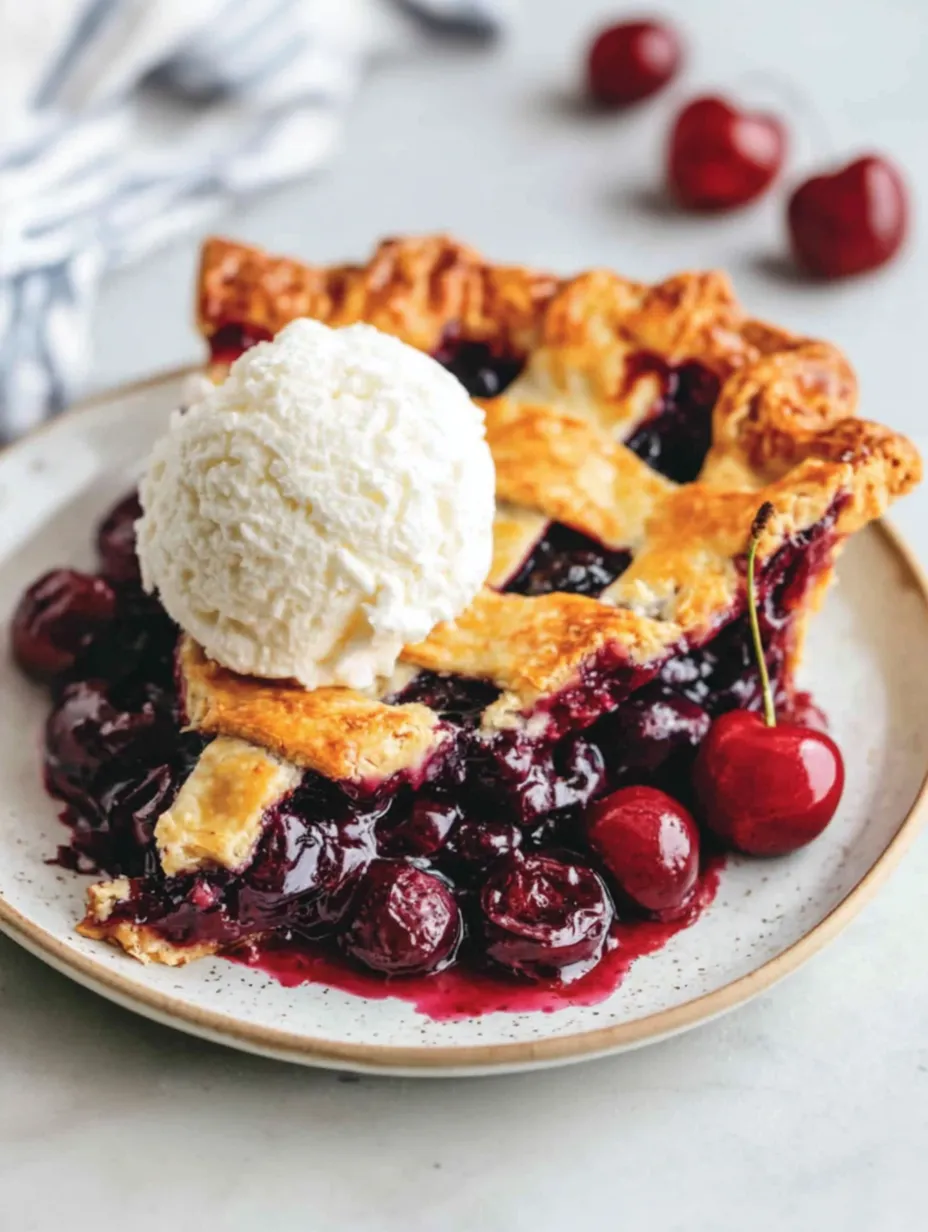 Ein Stück Kirschkuchen mit einer Kugel Eis obendrauf.