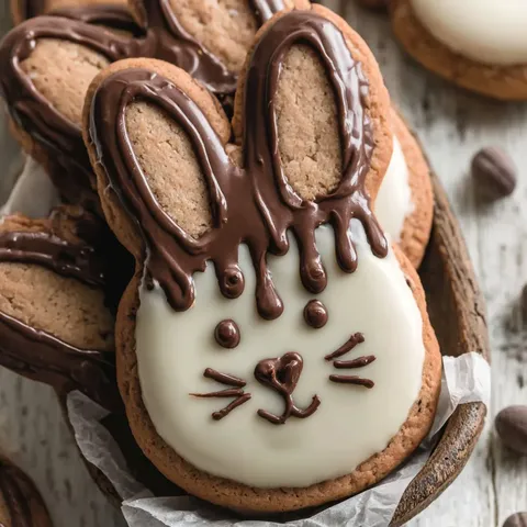 Ein Schokoladenhäschenkeks mit weißem Zuckerguss.