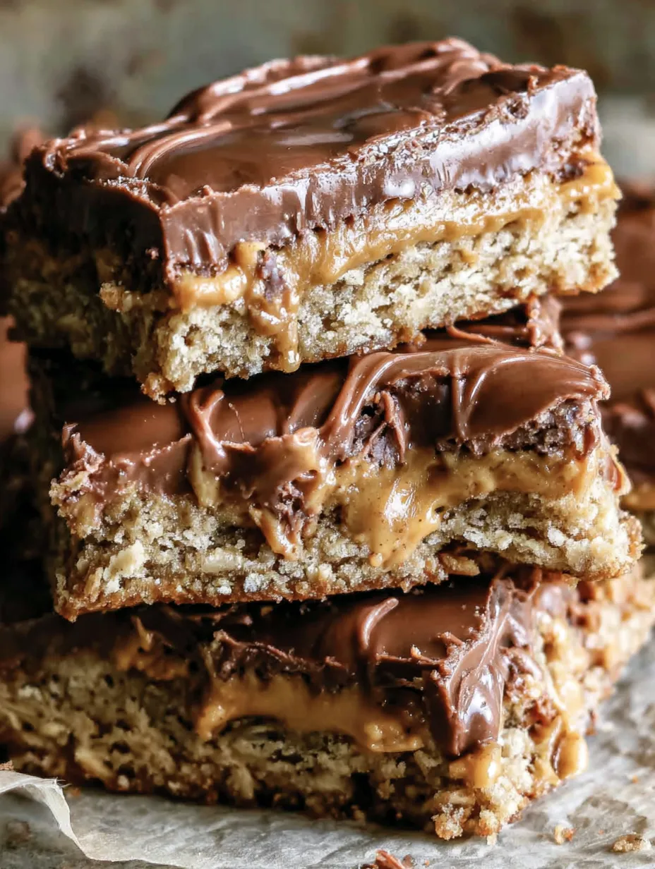 Erdnussbutter-Haferflocken-Riegel übereinander gestapelt.