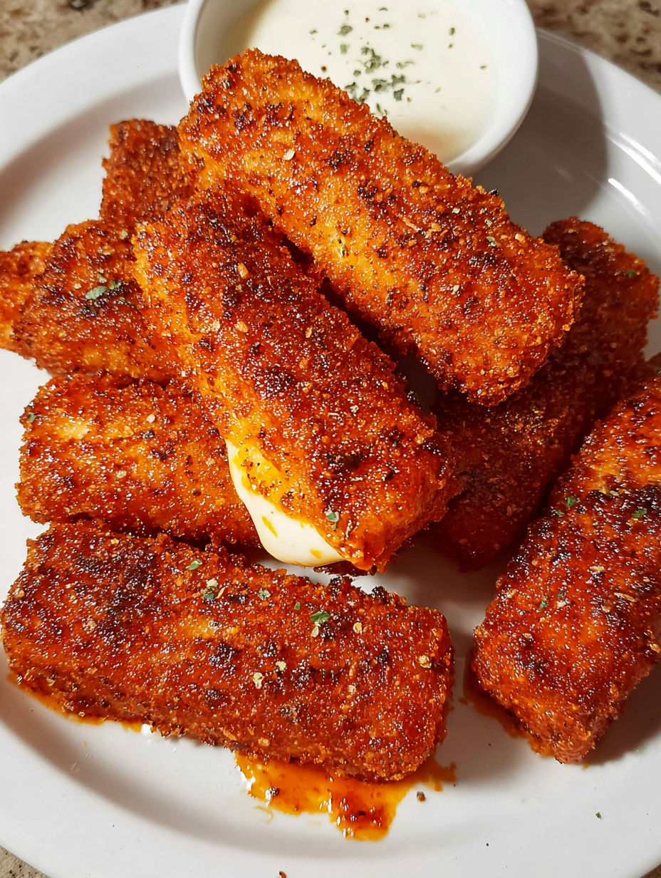 Crispy and spicy Nashville hot mozzarella sticks.