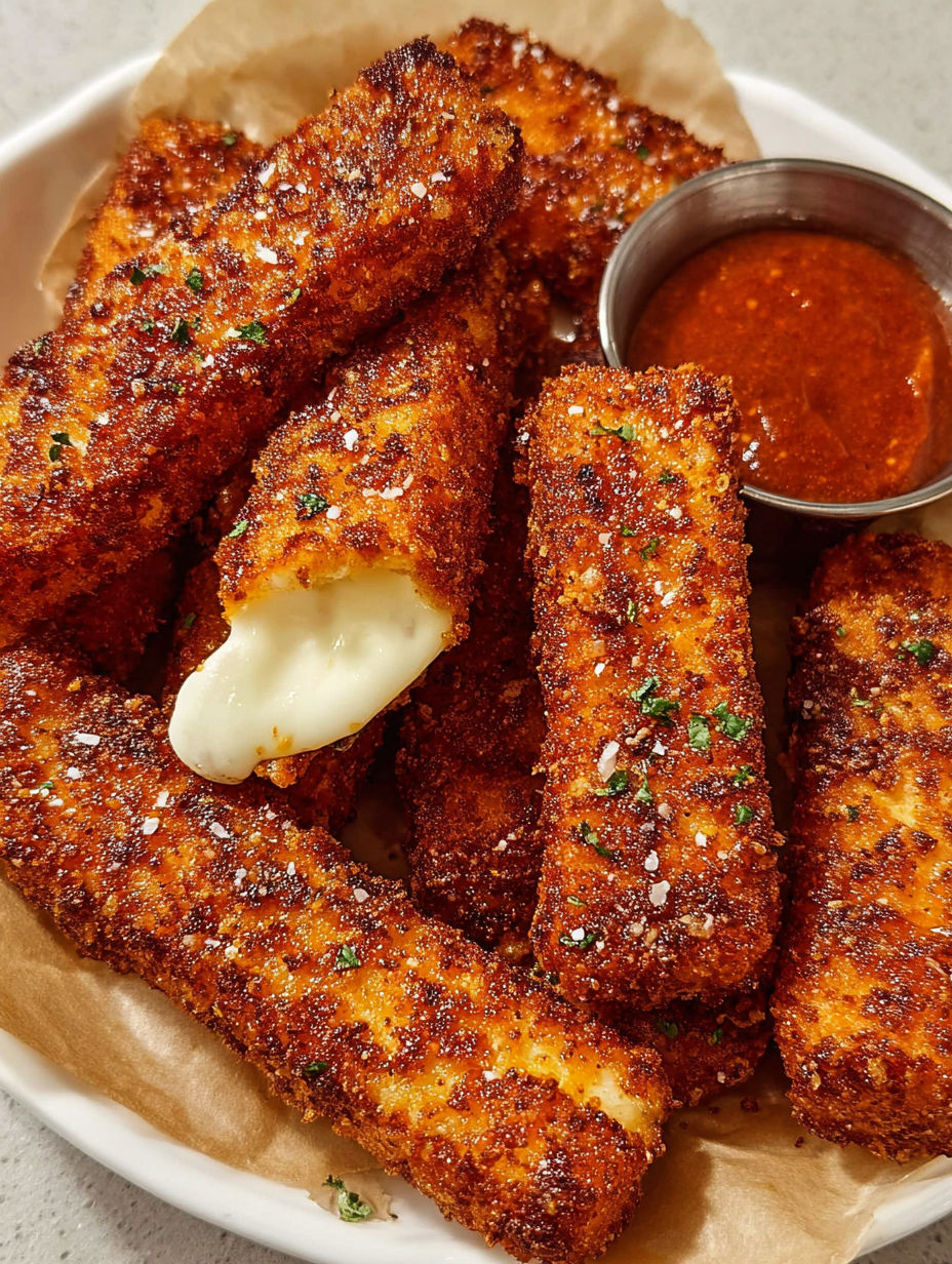 Crispy and spicy Nashville hot mozzarella sticks.