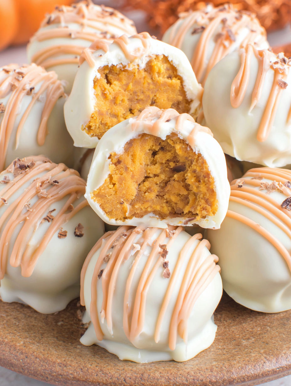 White chocolate pumpkin truffles on a table.