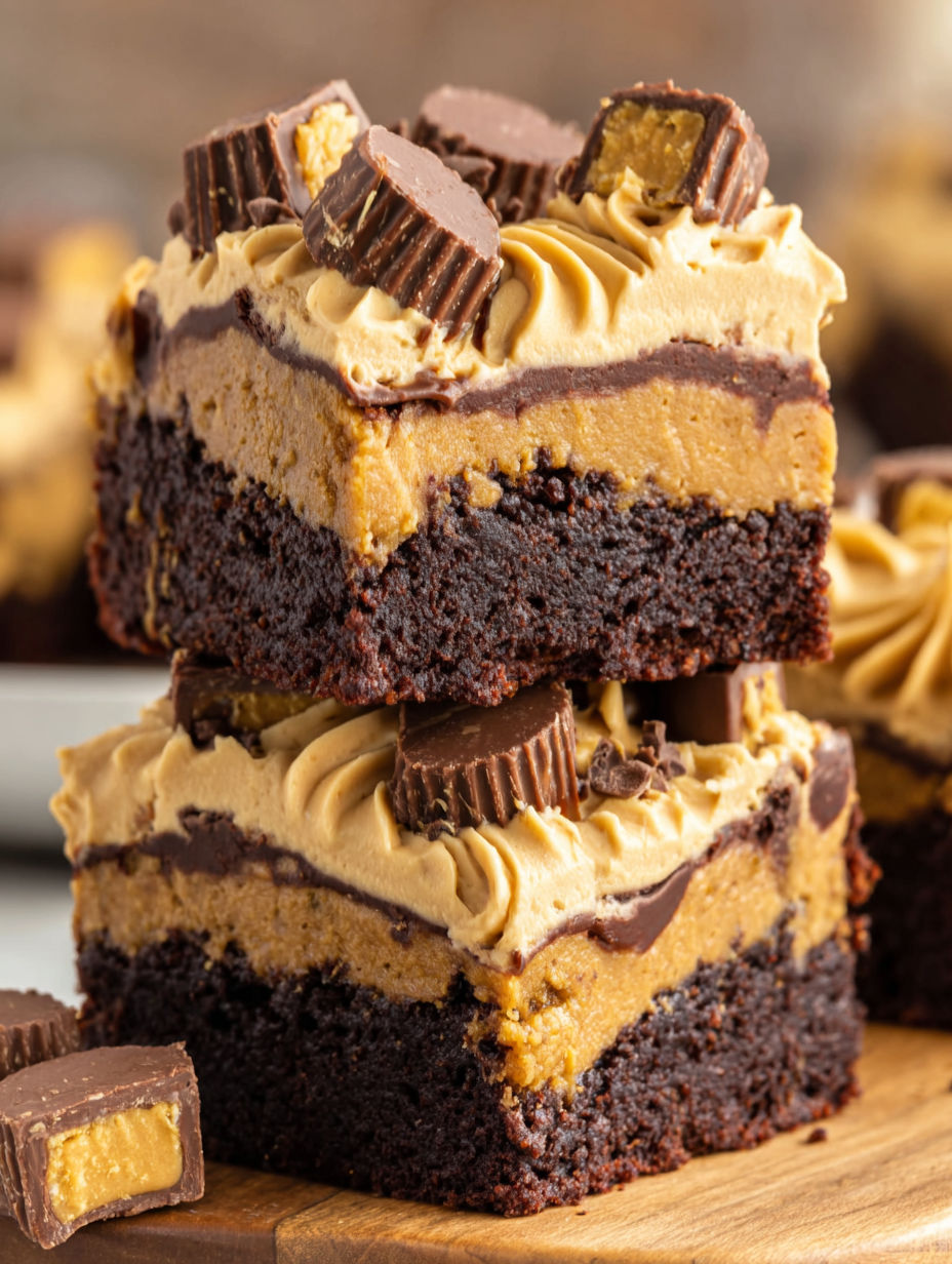 A stack of brownies with peanut butter and Reese's peanut butter cups on top.