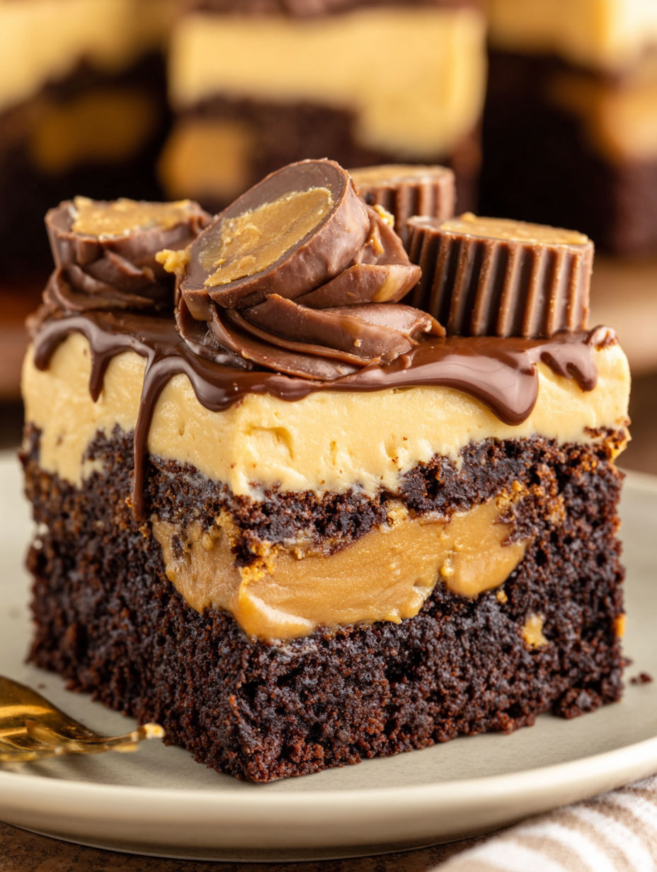 A slice of chocolate cake with peanut butter and Reese's peanut butter cups on top.