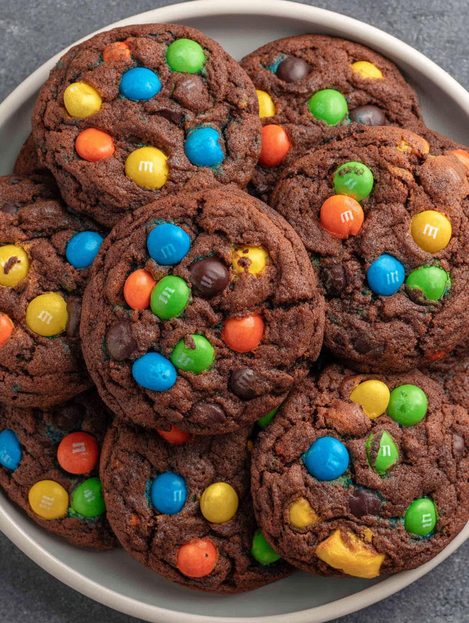 A plate of chocolate M&M cookies.