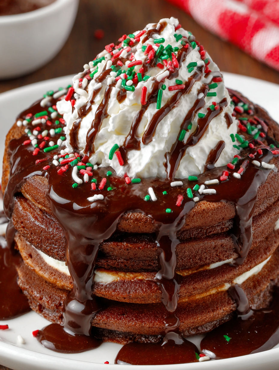 A stack of pancakes with chocolate syrup and whipped cream on top.