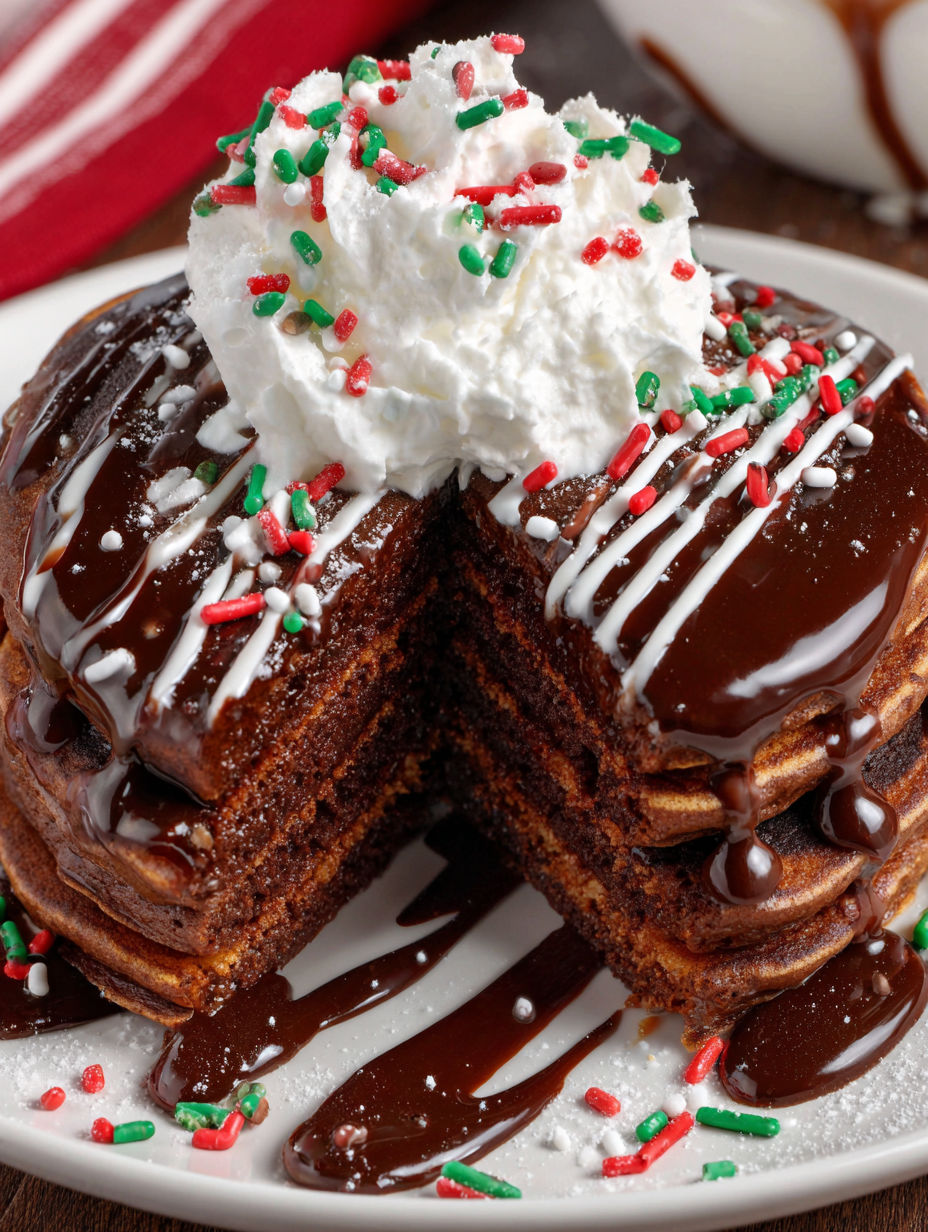 A stack of pancakes with whipped cream and chocolate sauce.