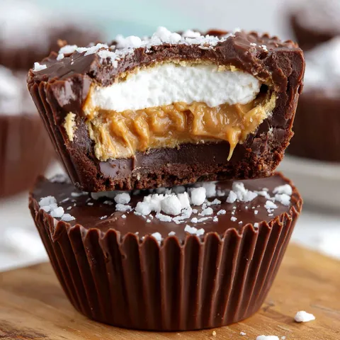 A chocolate cup with peanut butter and marshmallows.