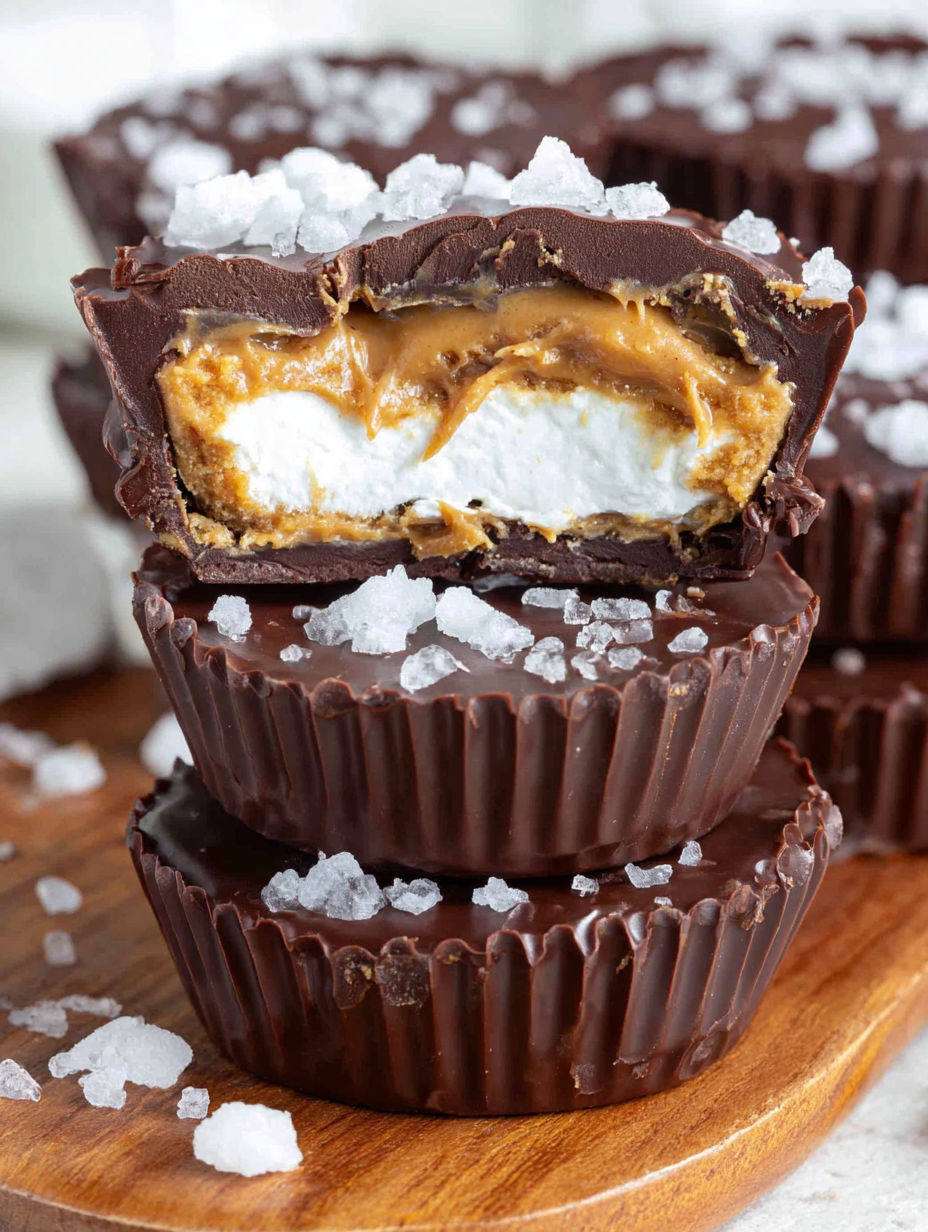 A chocolate cup with peanut butter and marshmallows.