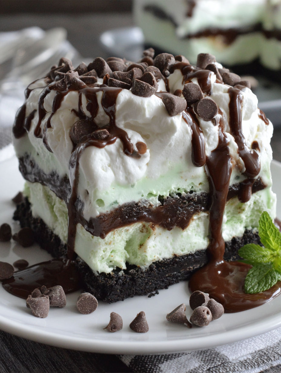 A chocolate and white dessert with chocolate drizzled on top.