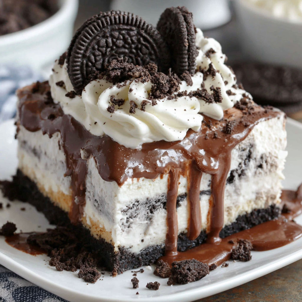 A slice of Oreo ice cream cake.