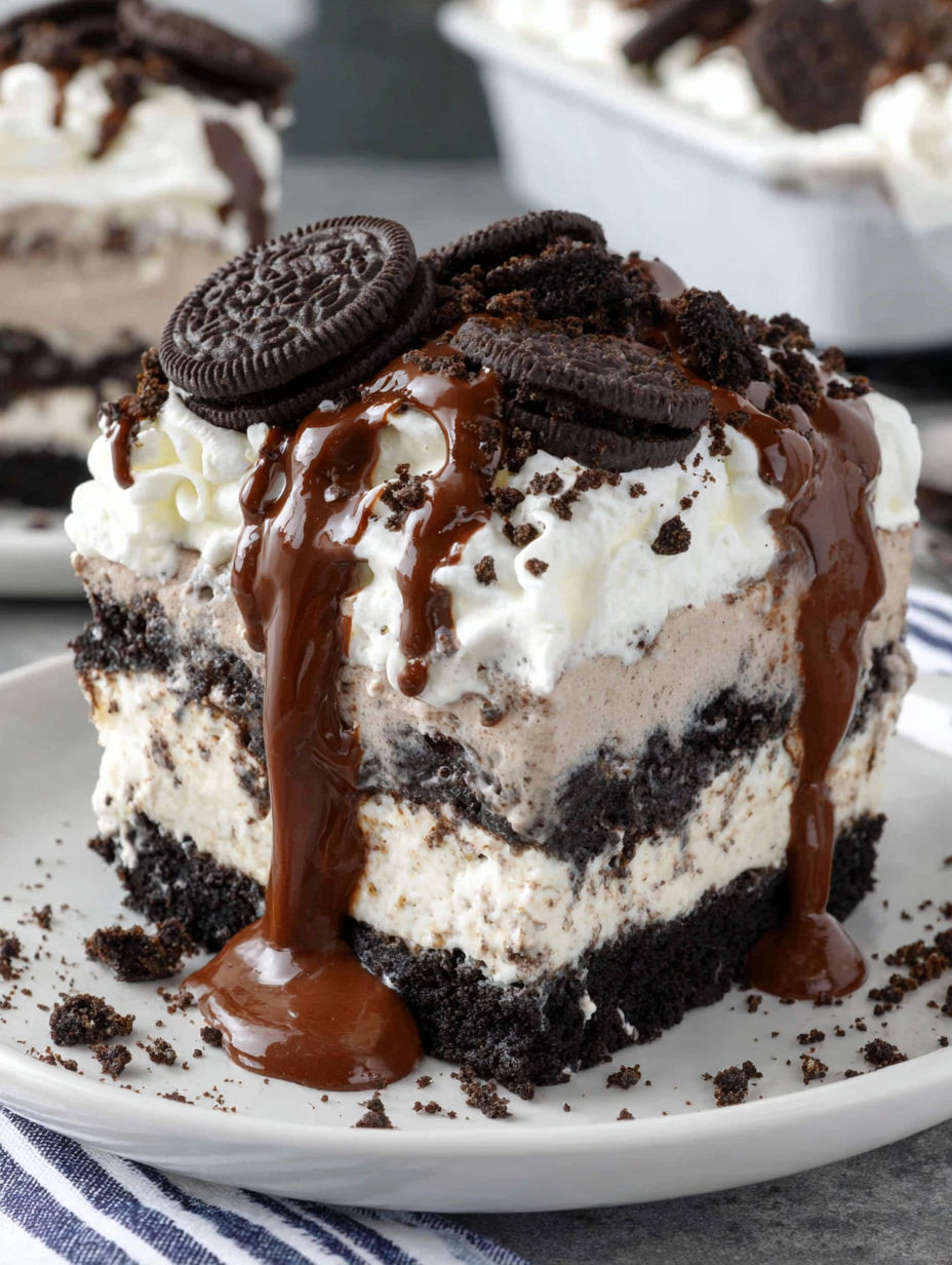 A close up of a delicious Oreo ice cream cake.
