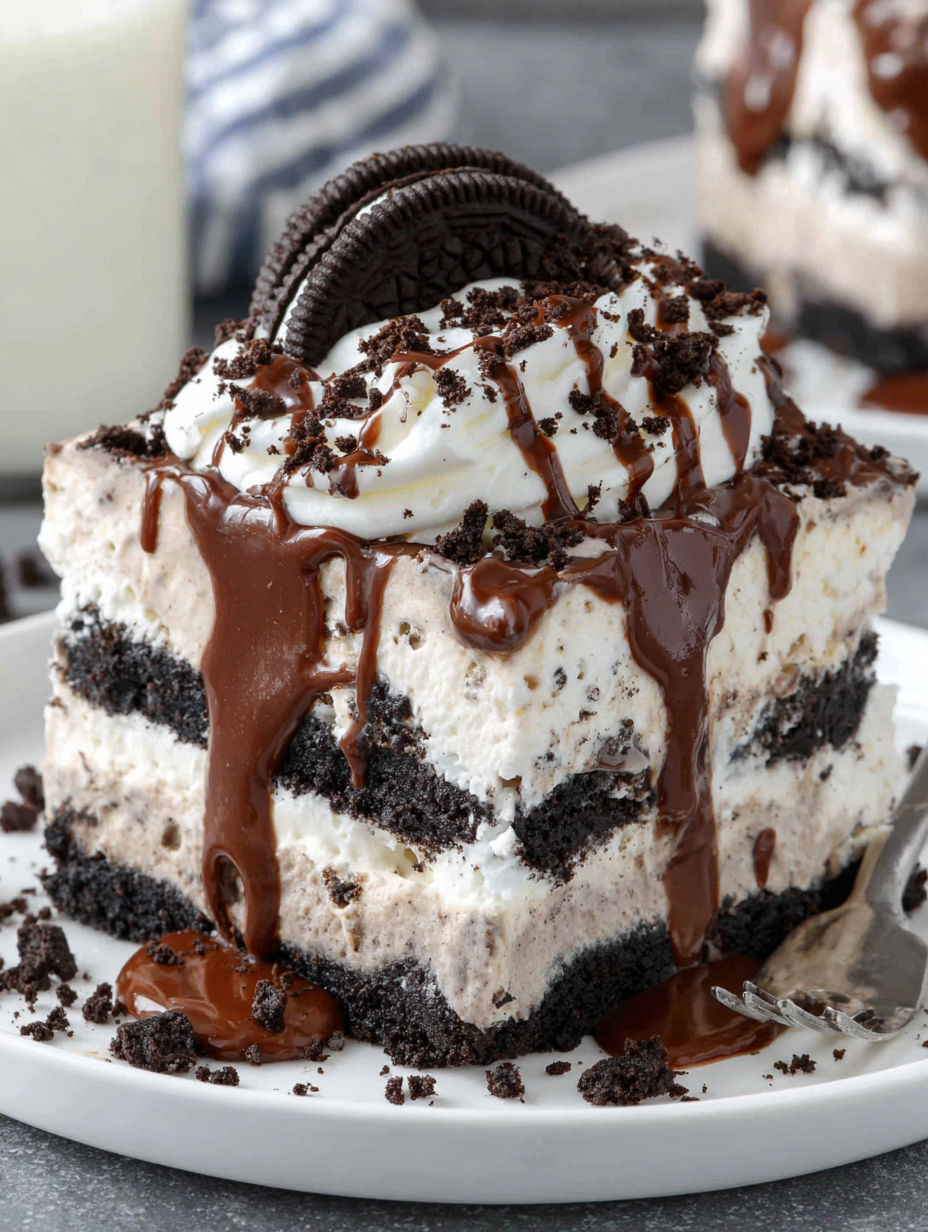 A slice of Oreo ice cream cake.