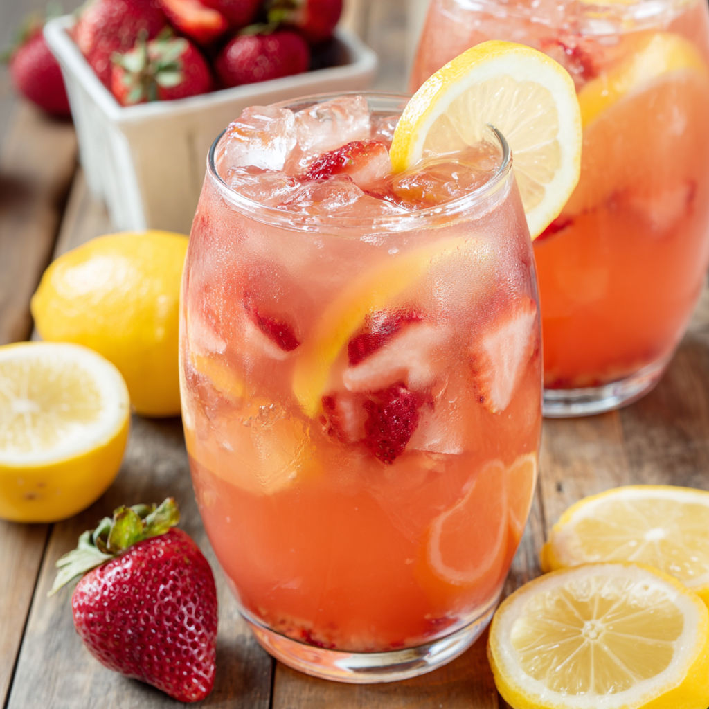 A glass of strawberry lemonade with a slice of lemon.