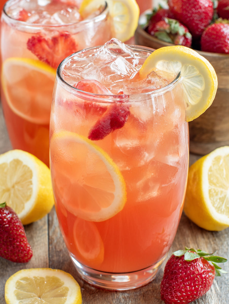A glass of strawberry lemonade with a slice of lemon and a strawberry.