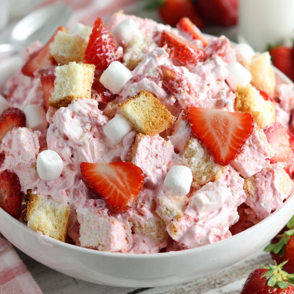 A bowl of strawberry shortcake fluff salad.