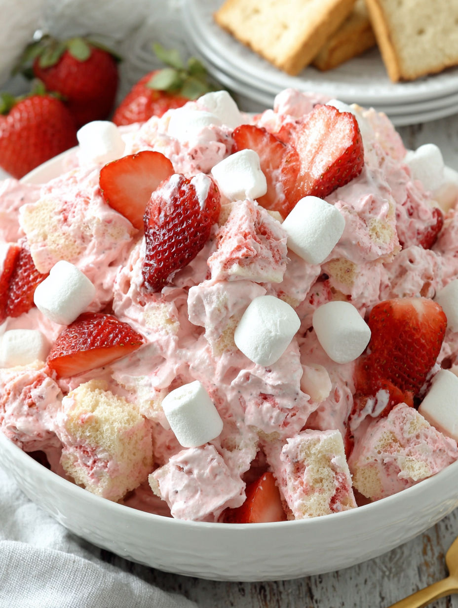 A bowl of strawberry shortcake fluff salad.