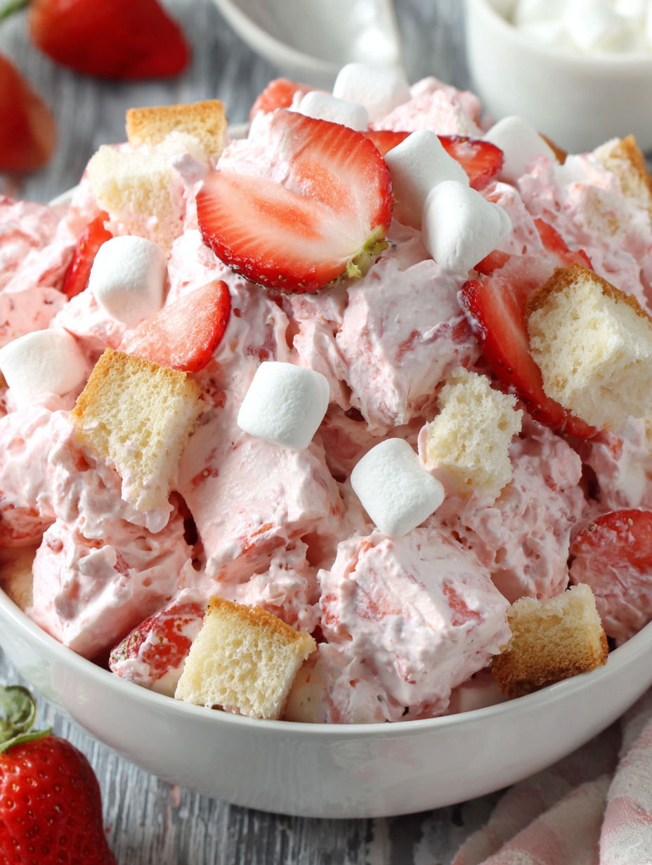 A bowl of strawberry shortcake fluff salad.
