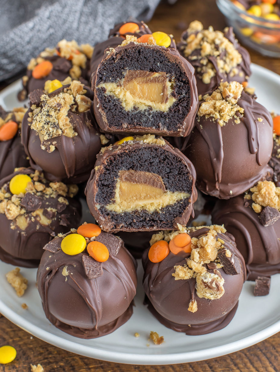 A plate of chocolate truffles with orange and yellow sprinkles.