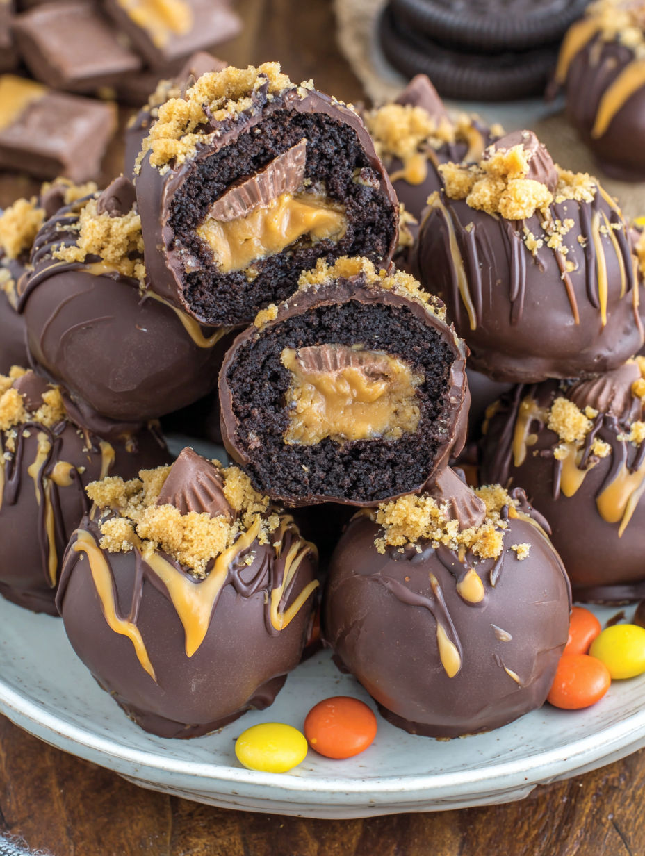 A plate of chocolate covered peanut butter balls.
