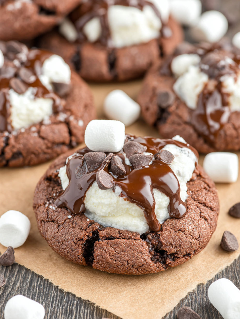 A chocolate chip cookie with white icing and marshmallows on top.
