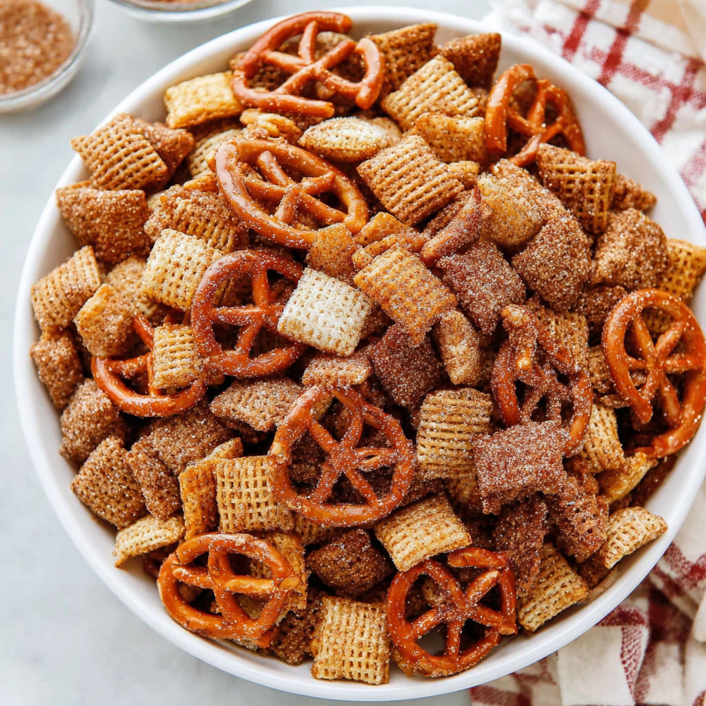 A bowl of churro chex mix.