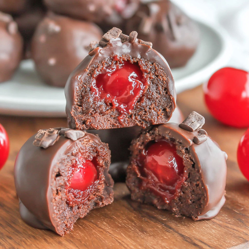Cherry brownie bombs on a wooden table.