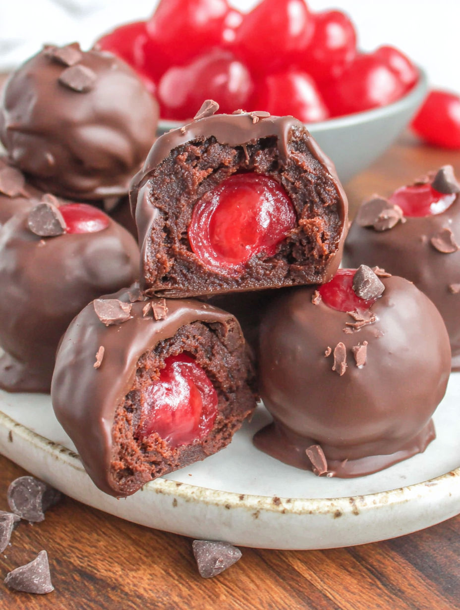 A plate of chocolate covered cherry brownie bombs.