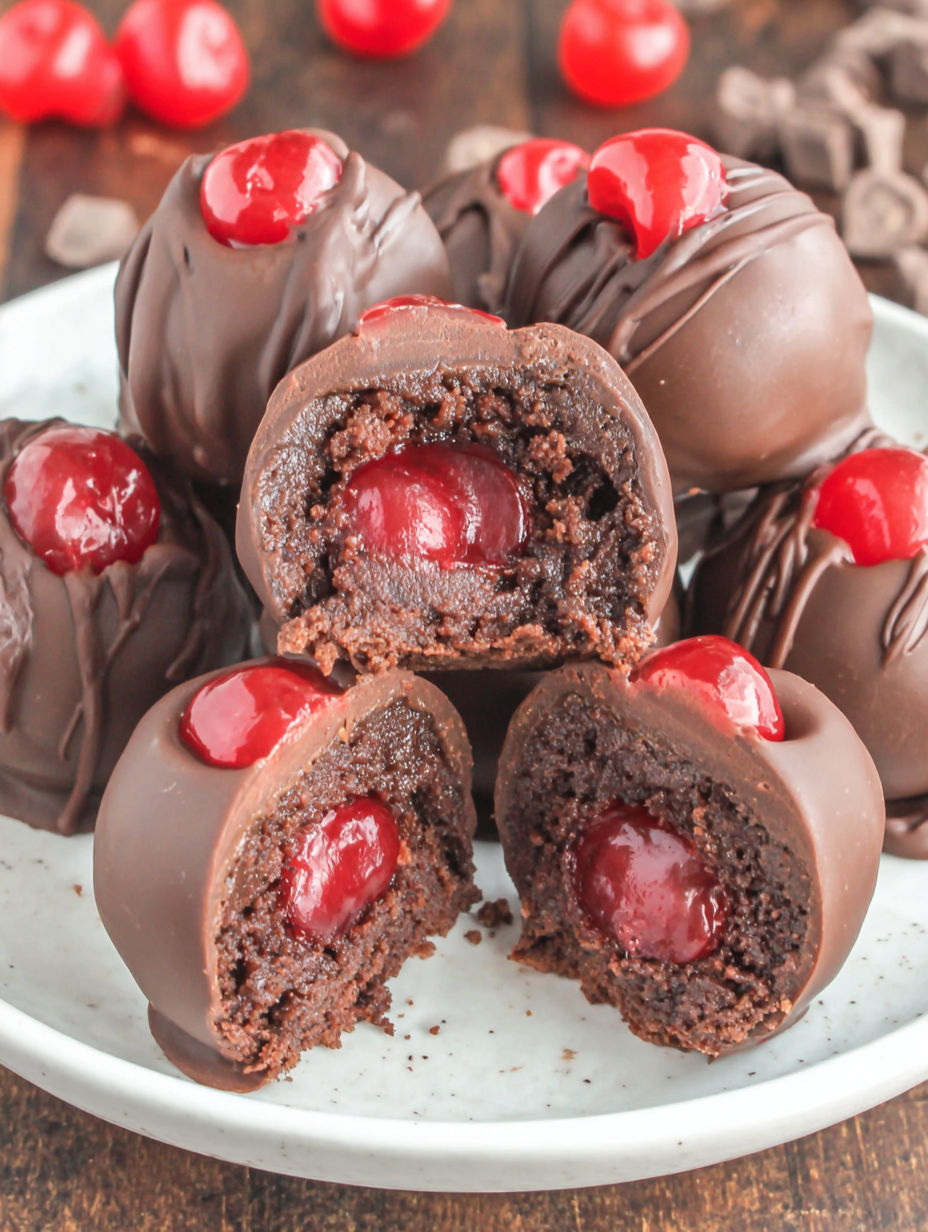 A plate of chocolate covered cherry brownie bombs.