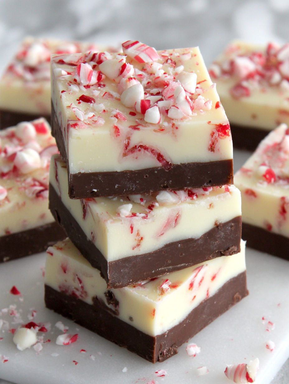 A stack of peppermint bark fudge.