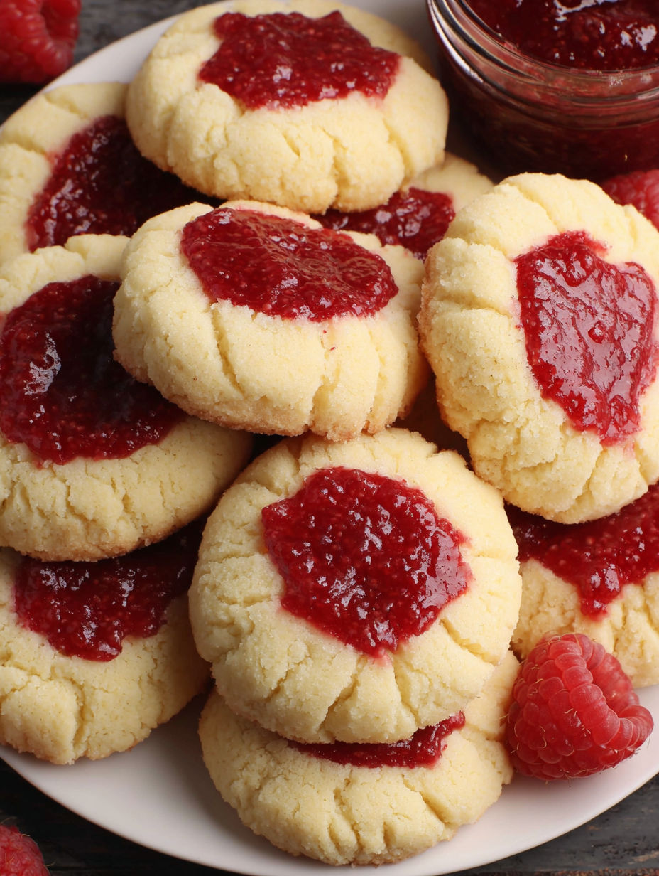 A plate of cookies with red jam on top.