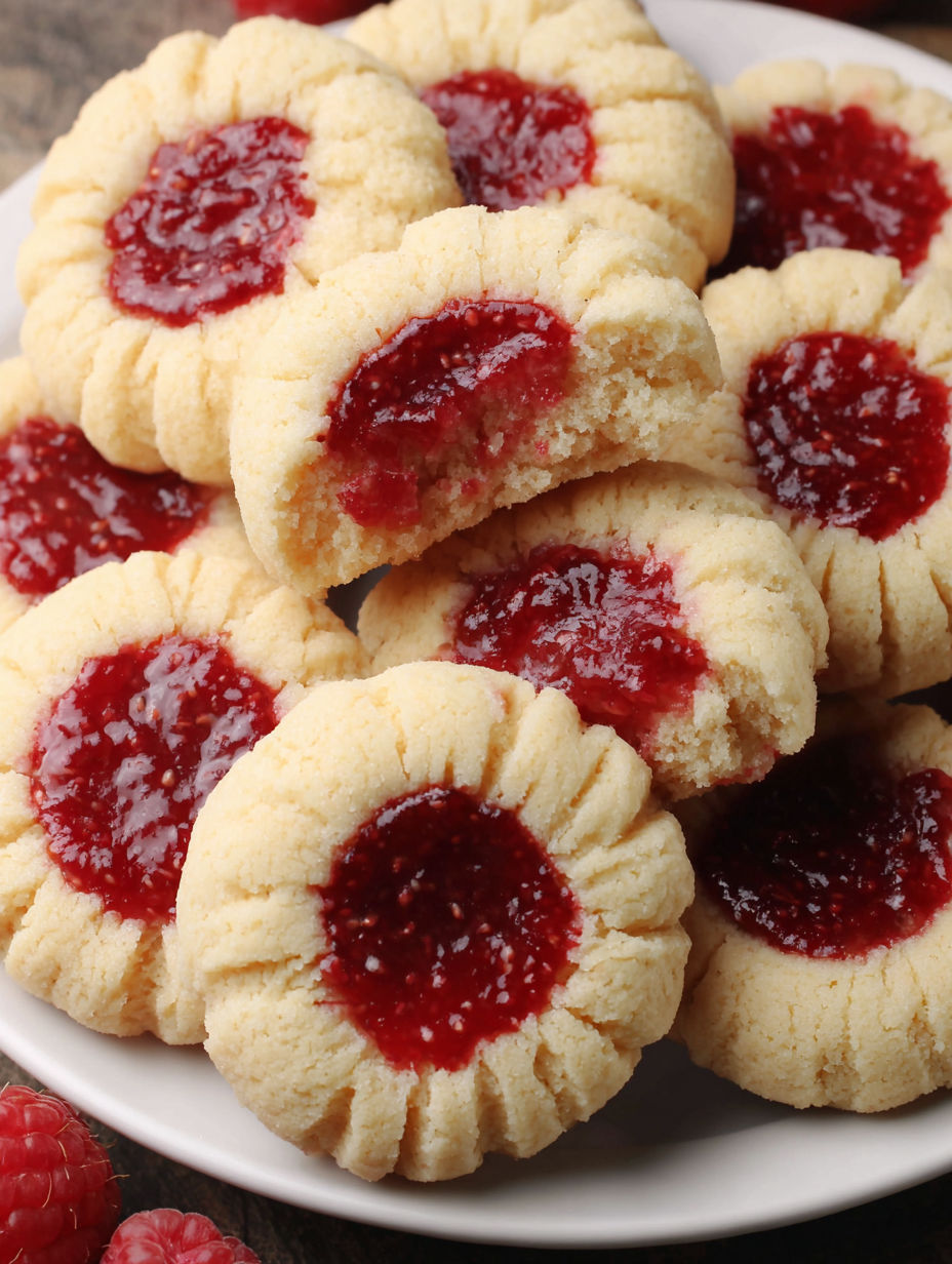 A plate of cookies with raspberry curd.