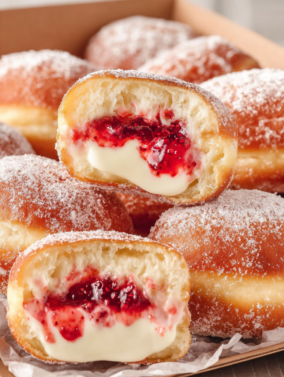 A close up of a raspberry cheesecake donut.