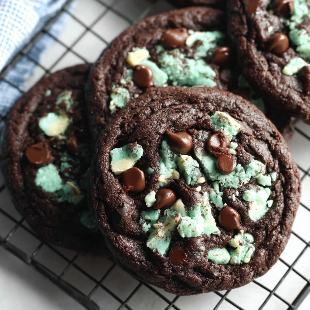 Chocolate mint chip cookies on a cooling rack.
