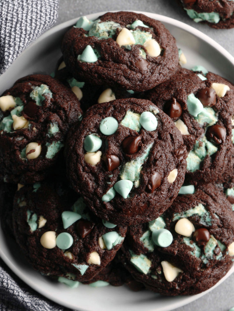 A plate of chocolate mint chip cookies.