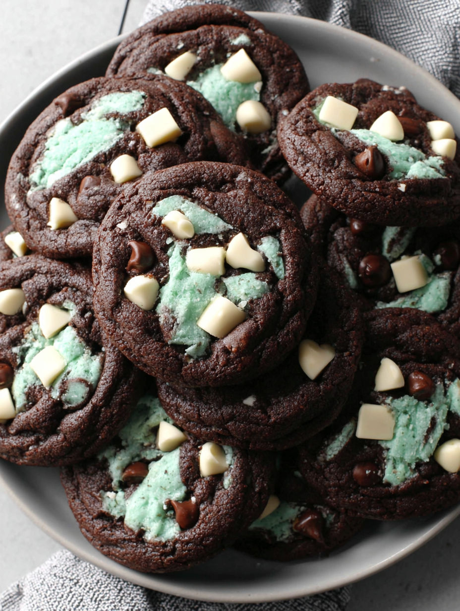 A plate of chocolate mint chip cookies.
