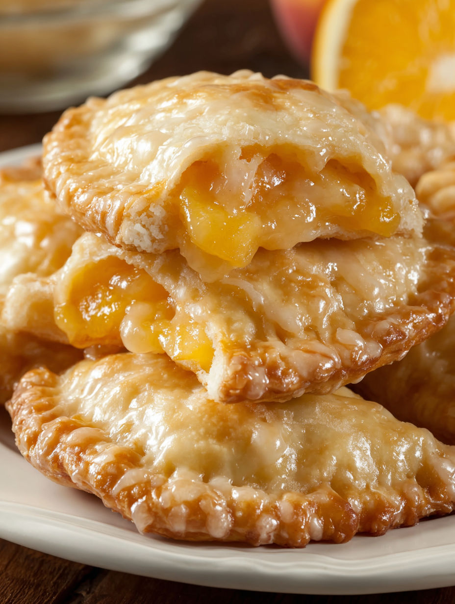 Peach hand pies stacked on a plate.