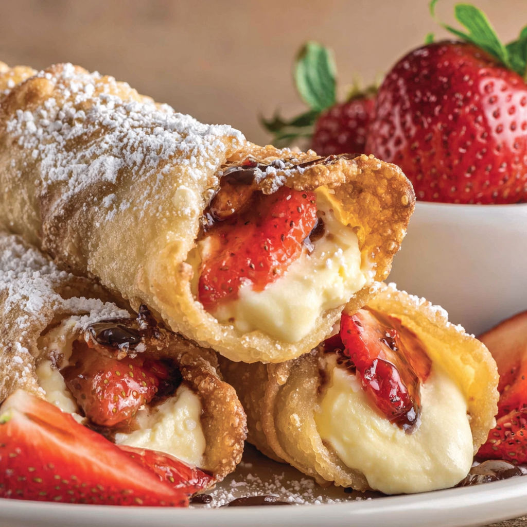 A plate of cheesecake egg rolls with strawberries on top.