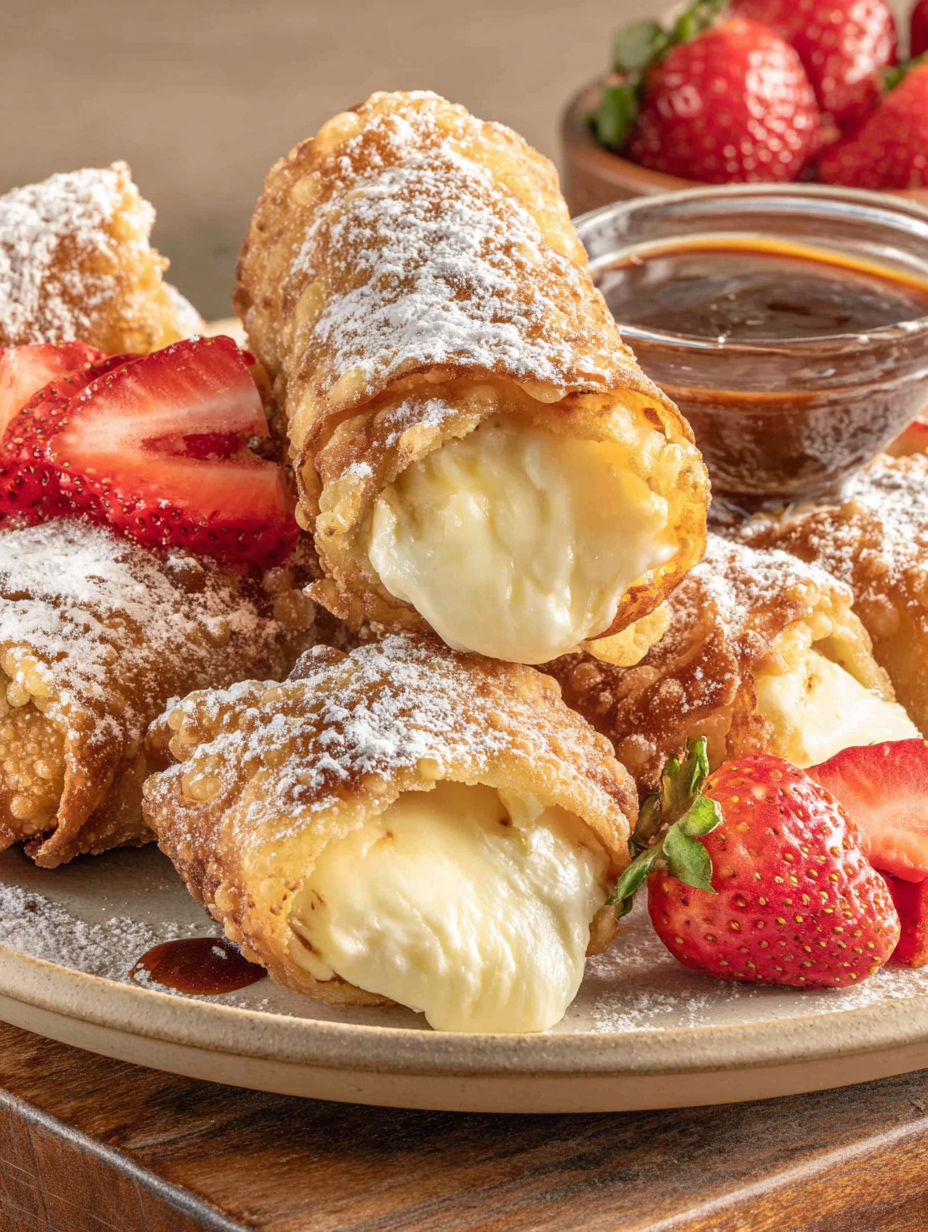 A plate of cheesecake egg rolls with powdered sugar and a bowl of sauce.