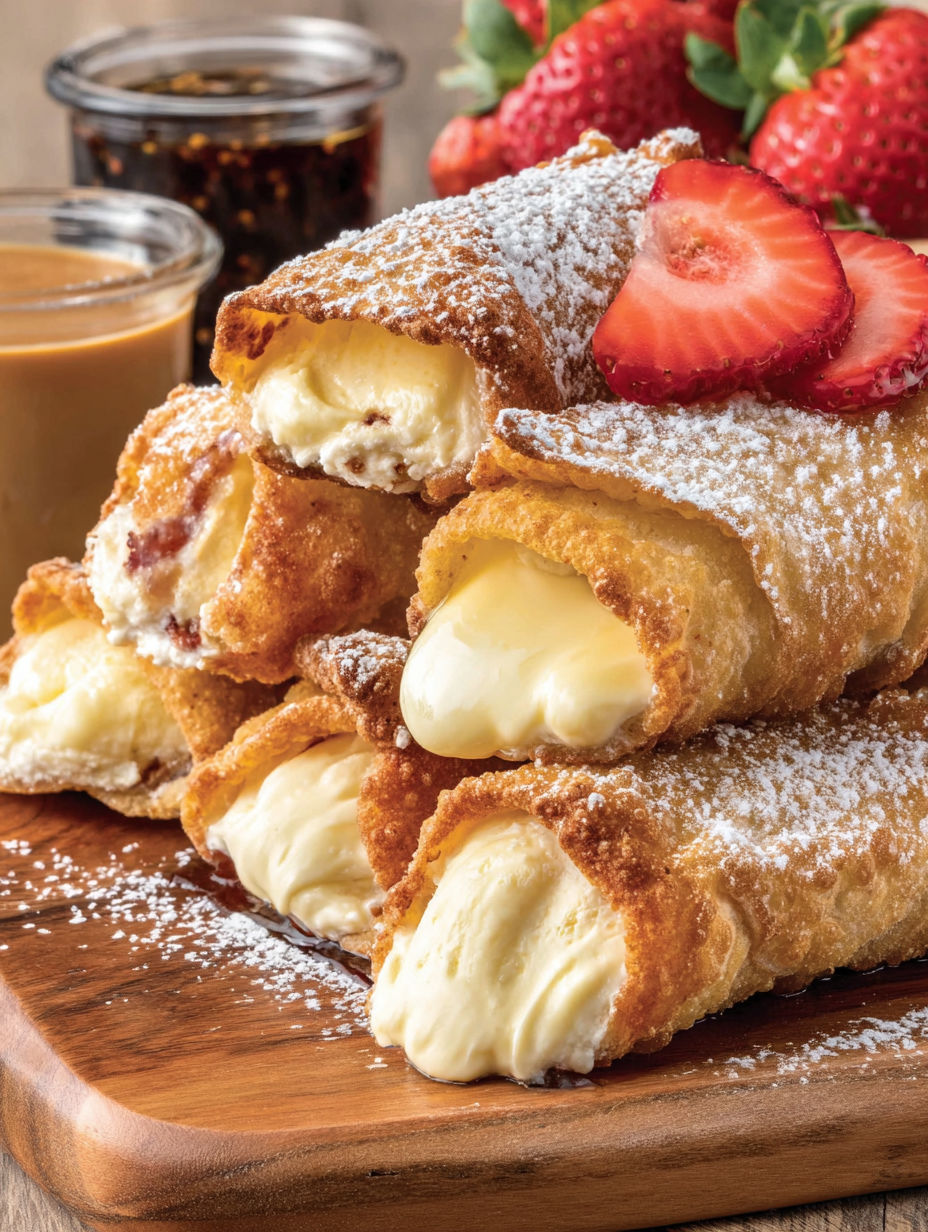 A stack of cheesecake egg rolls with powdered sugar on top.
