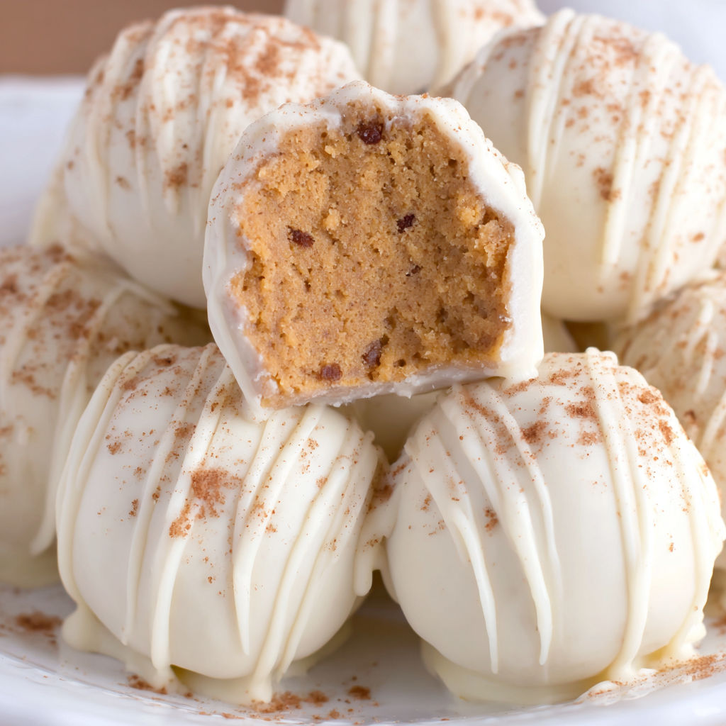 Pumpkin spice cheesecake bites on a plate.