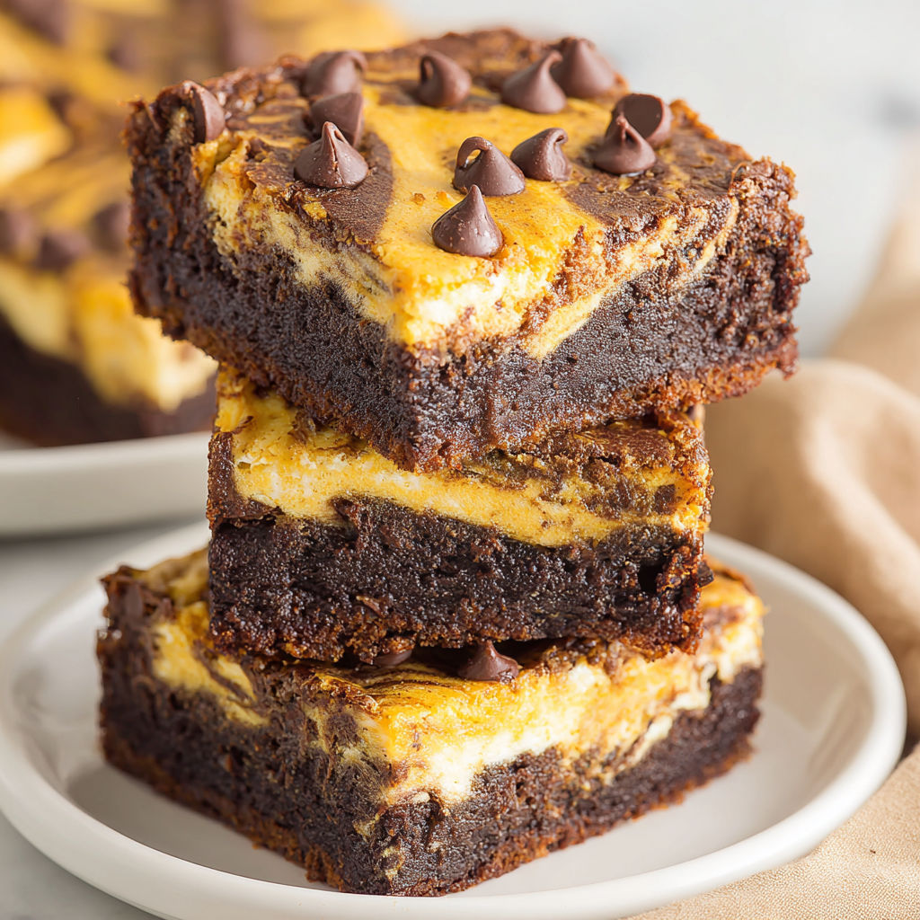 Three pieces of pumpkin brownies on a plate.
