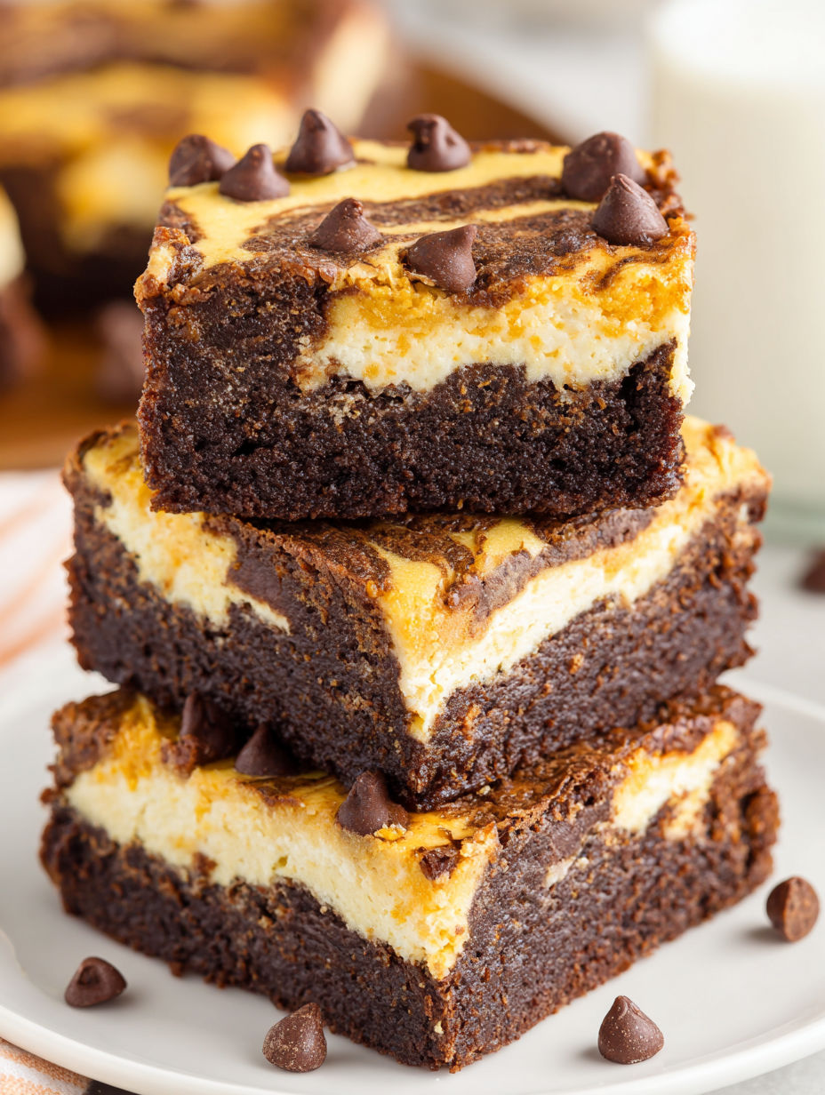 Three layers of brownies with chocolate and pumpkin.
