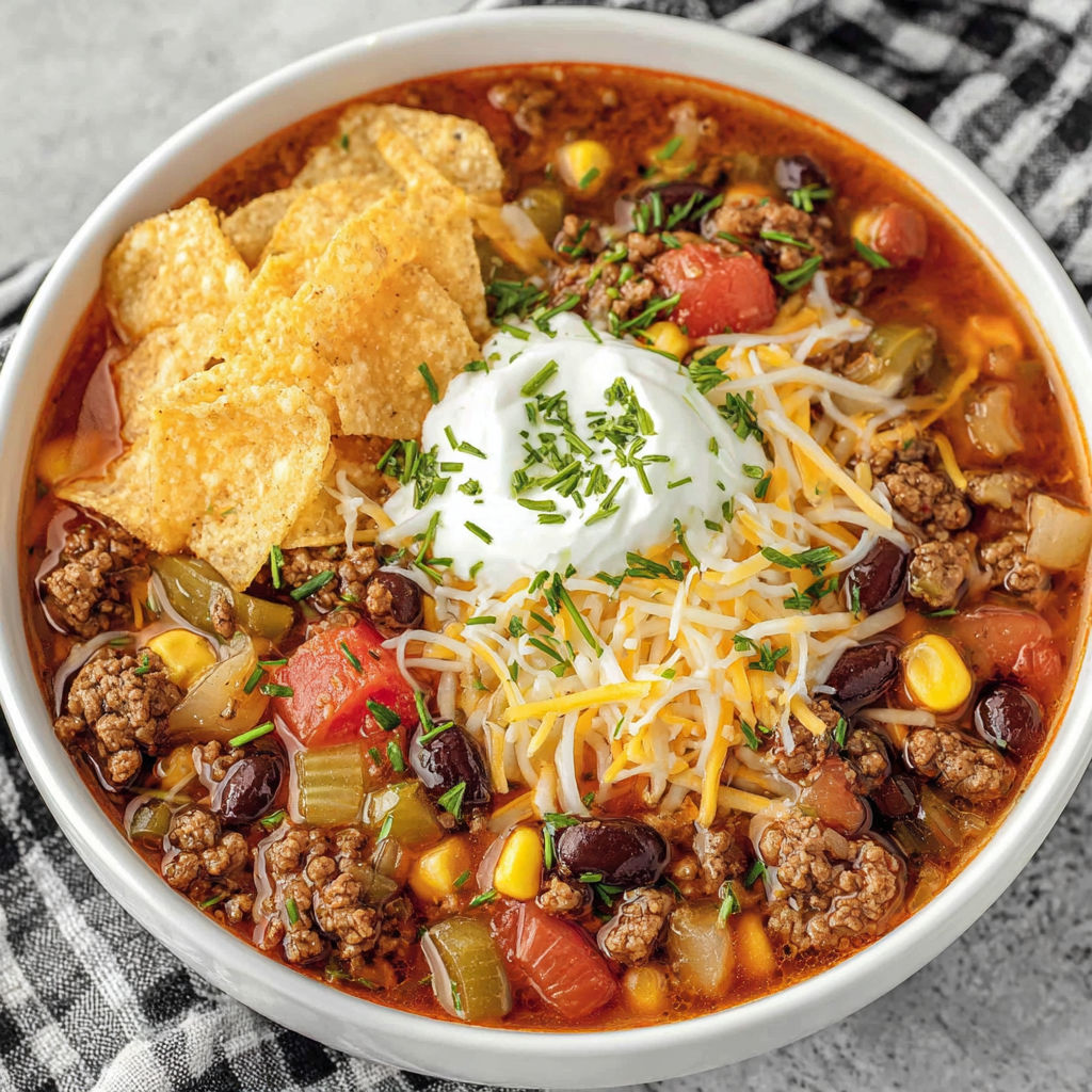 A bowl of soup with chips on top.