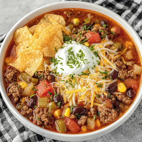 A bowl of soup with chips on top.