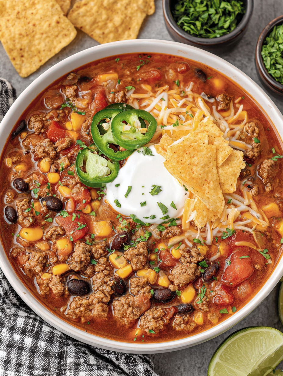A bowl of taco soup with chips on top.