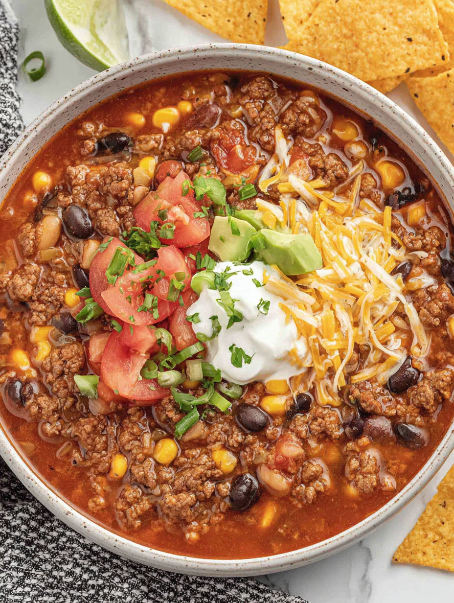 A bowl of chili with a dollop of sour cream on top.