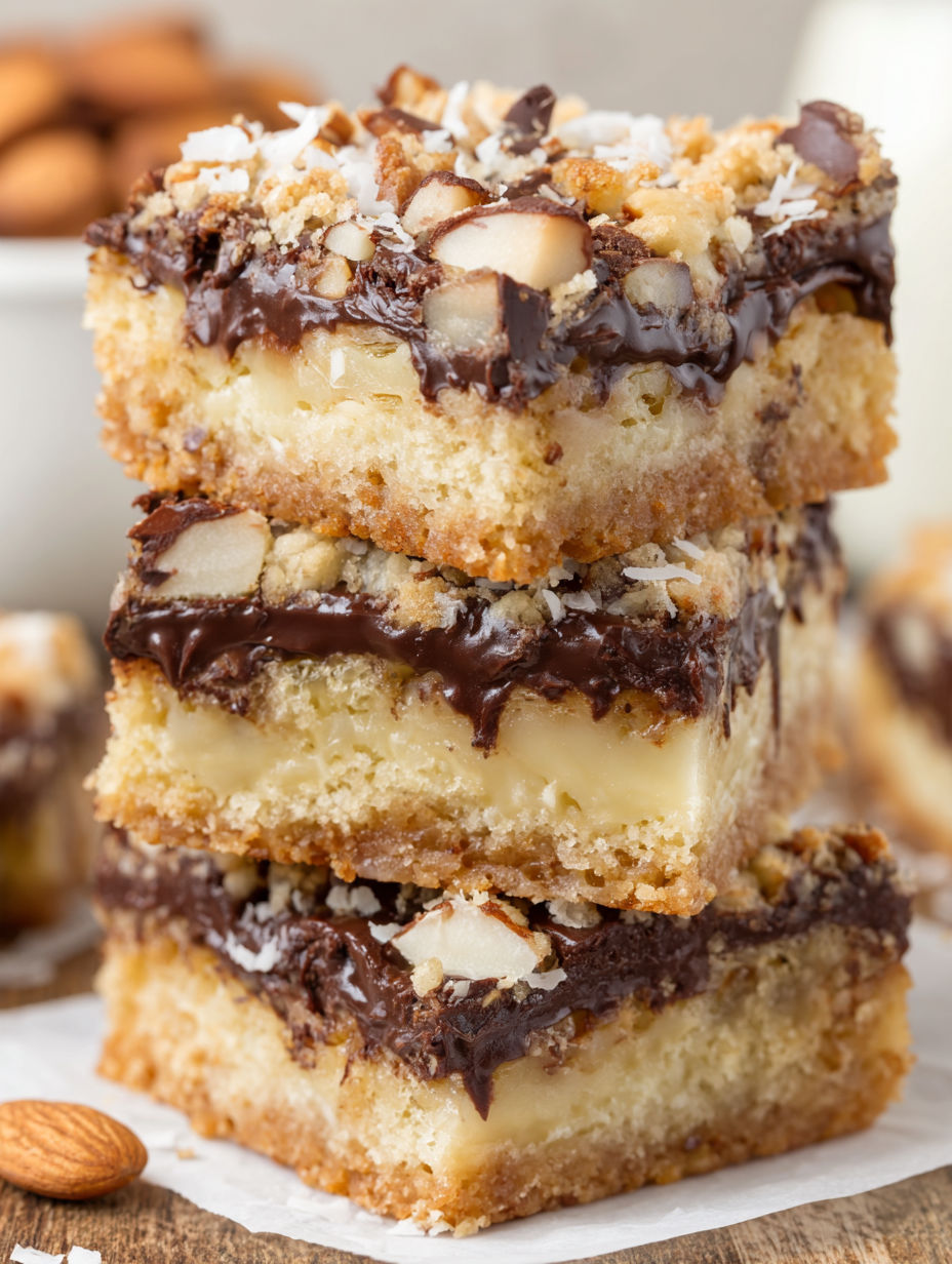 Almond Joy Cookie Bars stacked on top of each other.